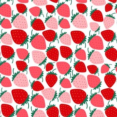 Strawberry pattern. Seamless repeated fruit design. Red berry background. Flat cartoon style. Great for kitchen, tablewear, fabric, textile. Vector