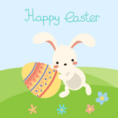 Cute flat cartoon vector easter bunny roll the egg with colorful decorative eggs on green nature floral landscape with flowers with lettering