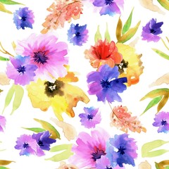 Seamless pattern with watercolor flowers. Hand painted background