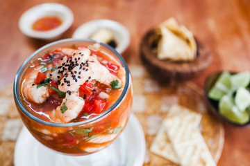 cocktail of shrimps, mexican seafood in Mexico bowl of spicy food with shrimps
