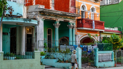 Colorful buildings and historic colonial architecture on Paseo del Prado, downtown Havana, Cuba.