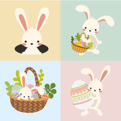 Set of cute kawaii cartoon flat vector easter white bunny, rabbit with decorative eggs, basket and spring flowers