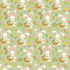 Seamless easter pattern with white bunny, rabbit with basket, decorative ornamental eggs and spring bright flowers. green background
