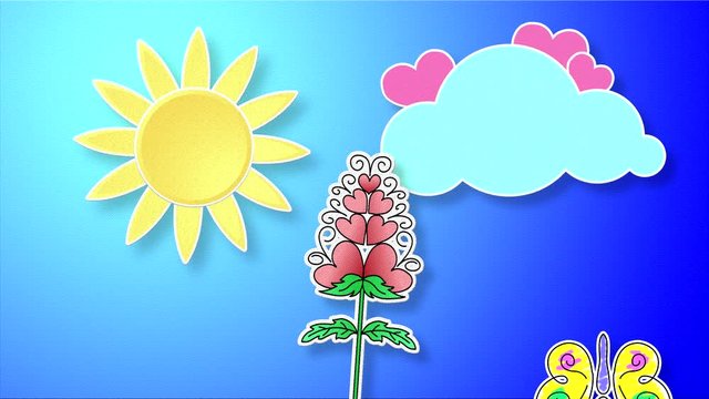 High quality looped animation with nature elements imitating paper. The sun and a cloud with pink hearts over a stylized flower and a drawn butterfly flies against the blue sky.