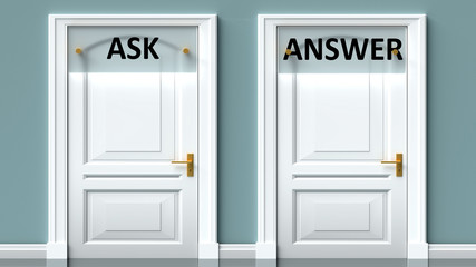 Ask and answer as a choice - pictured as words Ask, answer on doors to show that Ask and answer are opposite options while making decision, 3d illustration