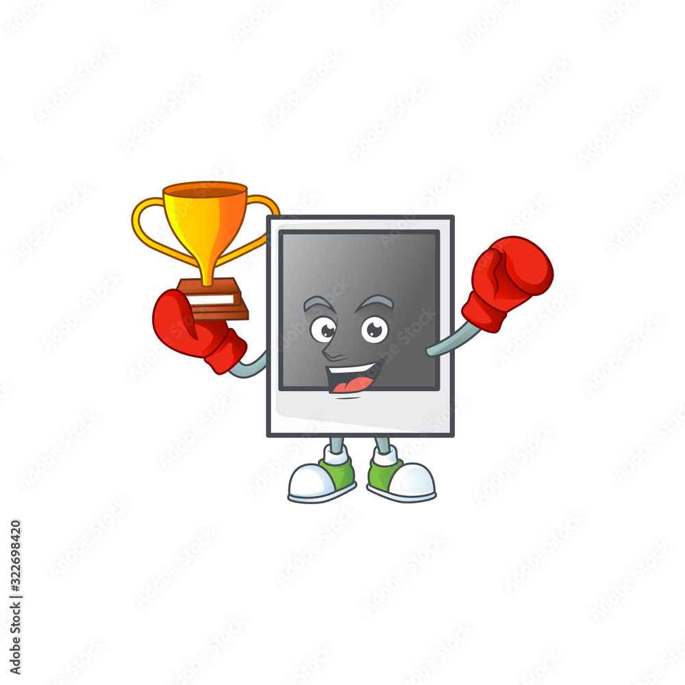 Poster Super cool Boxing winner of empty polaroid photo frame in mascot cartoon design