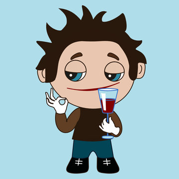 emoticon with drunk man that holds a wine glass of champagne or other alcohol in his hand, simplistic vector emoji in color