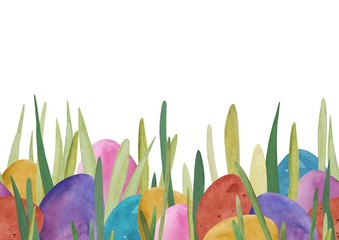 Easter background. Seamless pattern of Easter eggs. Easter eggs in the grass. Bright color. Watercolor. Hand drawn