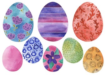 Set of different Easter eggs. Bright color. Watercolor. Hand drawn