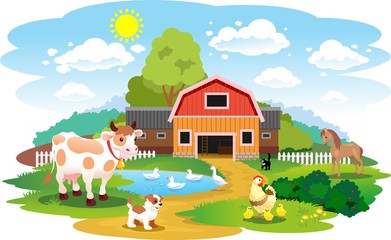 Summer landscape with farm animals and barn. Farm animals. Summer holidays at the countryside.