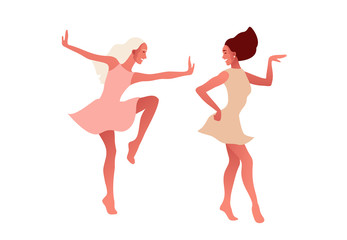 Two happy sexy girls or friends dancing and laughing. International Friendship Day or 8 March. Vector illustration, template with beautiful women for greeting card, poster or flyer.