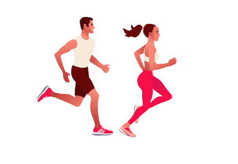 Fototapeta na wymiar Happy couple running. Man and woman on morning jogging. Active and healthy lifestyle. Vector illustration style