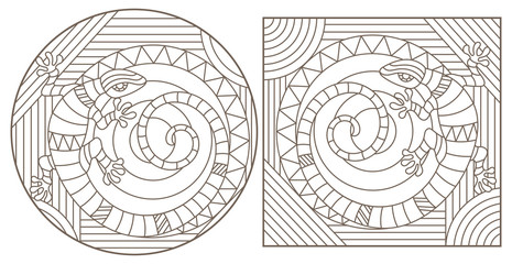 Set of contour illustrations in stained glass style with lizards, dark outlines on a white background
