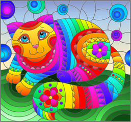 Illustration in stained glass style with abstract cute rainbow cat on a blue background