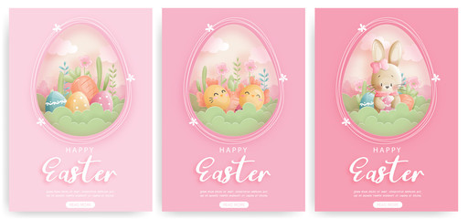 Easter card with cute bunny and chicken in paper cut style. Vector illustration