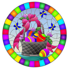 Fototapeta premium Illustration in stained glass style for Easter, basket with Easter eggs and flowers on a blue background, oval image in bright frame