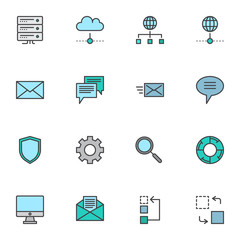 Business data filled outline icons set, line vector symbol collection, SEO database linear colorful pictogram pack. Signs, logo illustration, Set includes icons as computer monitor, network connection