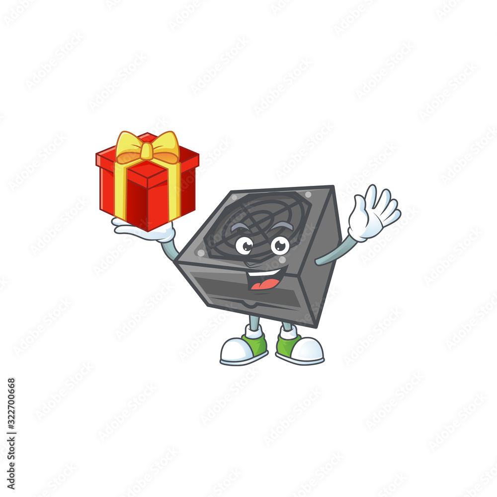 Sticker cartoon character of power supply unit black color with a box of gift