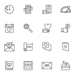 Love message line icons set. linear style symbols collection, Valentines day outline signs pack. vector graphics. Set includes icons as love chat, calendar date, envelope mail, greeting card, diary