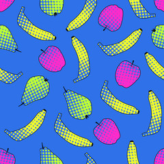 Seamless pattern with fruit in pop art style. Bright bananas, apples and pears create a summer mood. Can be used for printing, textiles, backgrounds, and other purposes.