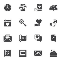 Love message vector icons set, modern solid symbol collection, filled style pictogram pack. Signs logo illustration. Set includes icons as love chat, calendar date, envelope mail, greeting card, diary