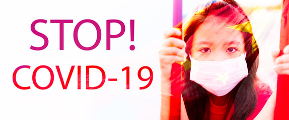Coronavirus and Air pollution pm2.5 concept.Little chinese girl wearing mask for protect pm2.5 and show stop hands gesture for stop corona virus outbreak.Wuhan coronavirus and epidemic virus symptoms.
