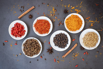 Top view of plate and spice on dark background.