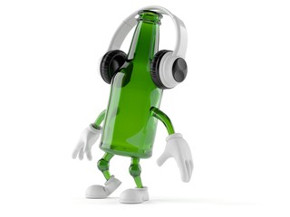 Green glass bottle character with headphones