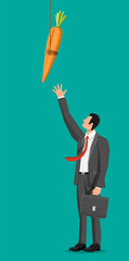 Carrot on a stick and businessman. Motivation, stimulus, incentive and reaching goal concept metaphor. Fishing wooden stick with hanging carrot