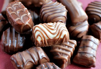 Chocolate assortment closeup view. Chocolate candies.