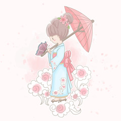 Japanese girl in Kimono. Vector illustration