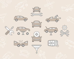 Car service Icons set - Vector color symbols and outline of vehicle repair for the site or interface