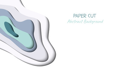 Abstract vector background in paper cut style with shadows and copy space for text. Paper art in trendy mint color with gray layers, shape of waves. Realistic minmal layout template for poster, banner