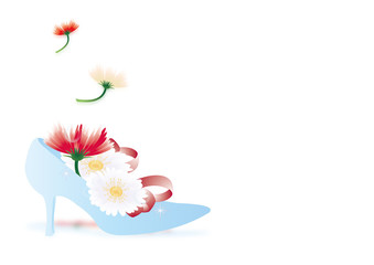 ガーベラのカラフルな花とガラスの靴のイラスト横スタイルホワイトバック背景素材