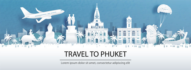 Travel advertising with travel to Phuket, Thailand concept with panorama view of city skyline and world famous landmarks in paper cut style vector illustration.