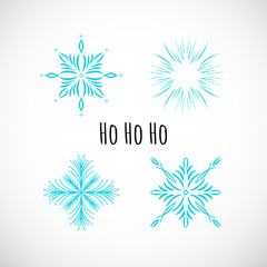 Set of blue snowflake icon with text, vector doodle design.
