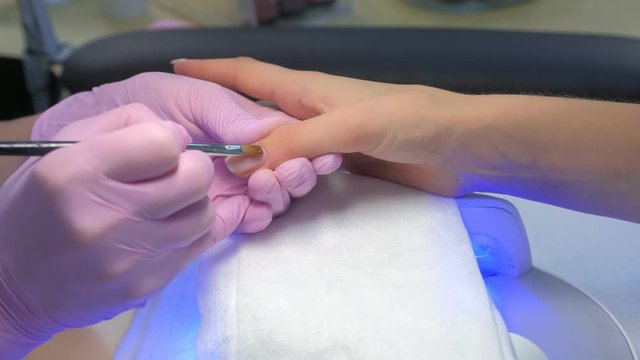 Manicurist master is painting client's nails gel shellac, another hand is drying in UV lamp in beauty salon, hands closeup. Manicurist in gloves is making manicure.