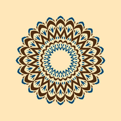 Ethnic Mandala Ornament. round. Arabic, Pakistan, Moroccan, Turkish, Indian, Spain motifs. blue and chocolate colors. Mandala with floral patterns. Yoga template. vintage