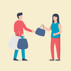 couple man and woman shopping with many shopping hand bag isolated