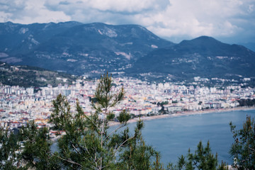 Beautiful view of Alanya city with mountains and sea bay.