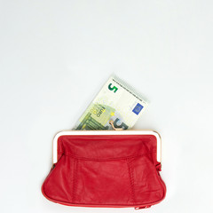 Euro banknote is in the red wallet. White background