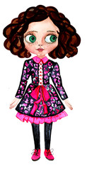 Watercolor doll in beautiful clothes.
