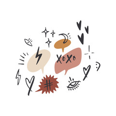 Vector bubbles with text, message symbols, icons, speech and elements for design. Clipart