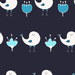 Flower and birds simple minimalistic seamless pattern graphic design for paper, textile print, page fill. Floral background with hand drawn wild flowers, herbs and leaves.