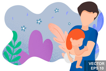 Dad with a baby. Modern style. For printing on postcards. Father's day