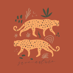 Modern cartoon flat leopards print. Tropical cats collage. Pop art style concept. Protect wild animals poster. Vector Illustration. Pastel colors clipart