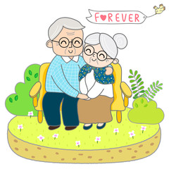 Cute granparents take care together, isolated on white background.