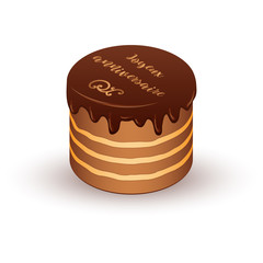 Isometric chocolate cake with the inscription Happy birthday on french language. Happy birthday, holiday concept. Vector illustration. Greeting card design.