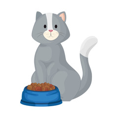 cute little cat with dish food isolated icon vector illustration design
