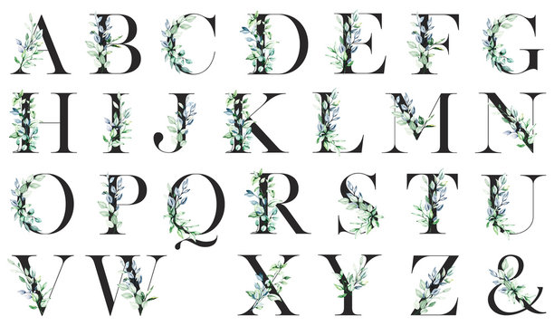 Leaf letters set, watercolor alphabet. Floral monogram initials perfectly for wedding invitations, greeting card, logo, poster and other design. Holiday leaves decoration hand painting. 